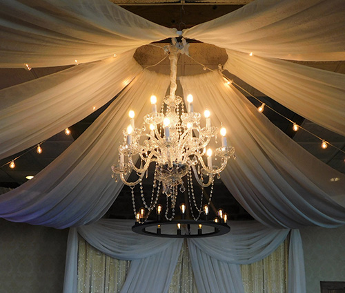 Sandusky Yacht Club chandelier and ceiling draping 6 panel starburst design. 