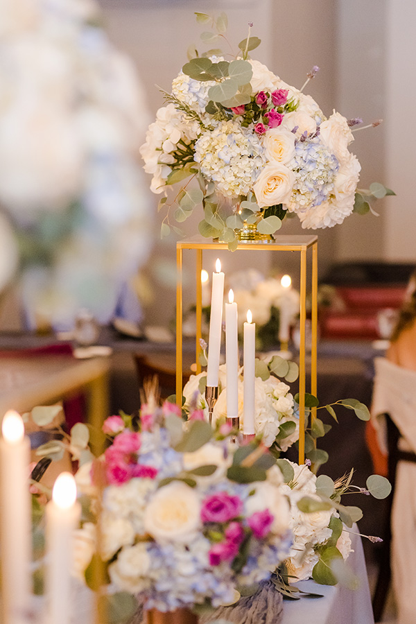 Hydrangea flowers on Gold Stand.