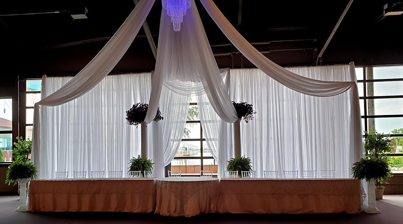 Ethereal white backdrop with palms,  pillars, and ceiling draping connecting to the backdrop. 