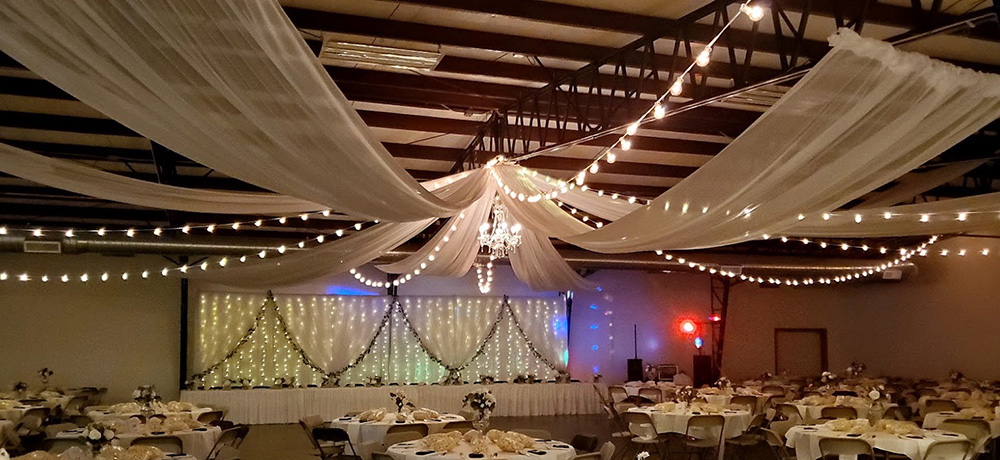 Chandelier and fabric draping the ceiling with bistro lights. Green goddess backdrop. 