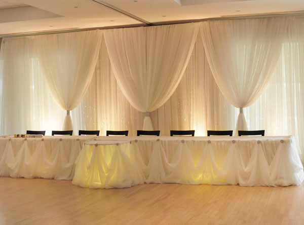 Head table with Cindi-skirting and white backdrop.