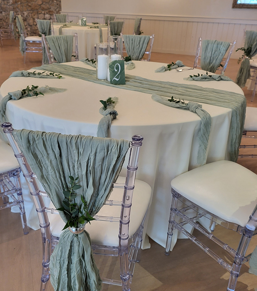 Sage Cheesecloth chair sash, table runner, and napkin.