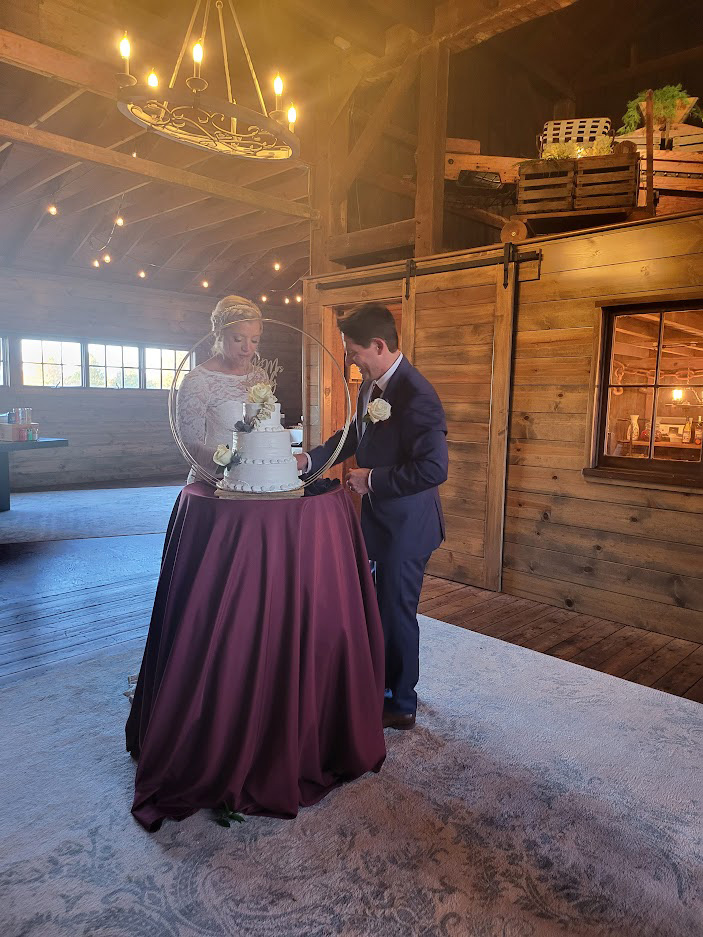 Cake cutting at a wedding.