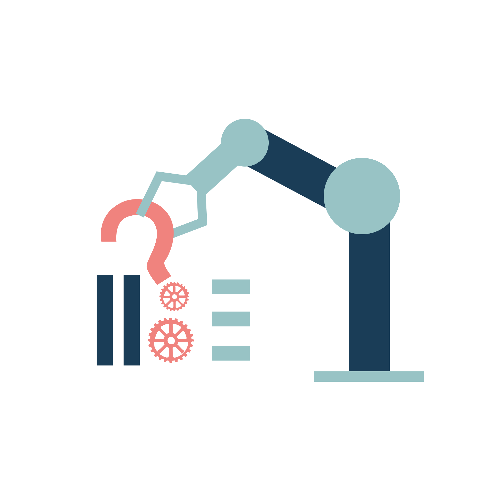 Illustration: Roboterarm greift nach einem Fragezeichen, daneben Zahnräder und Balken