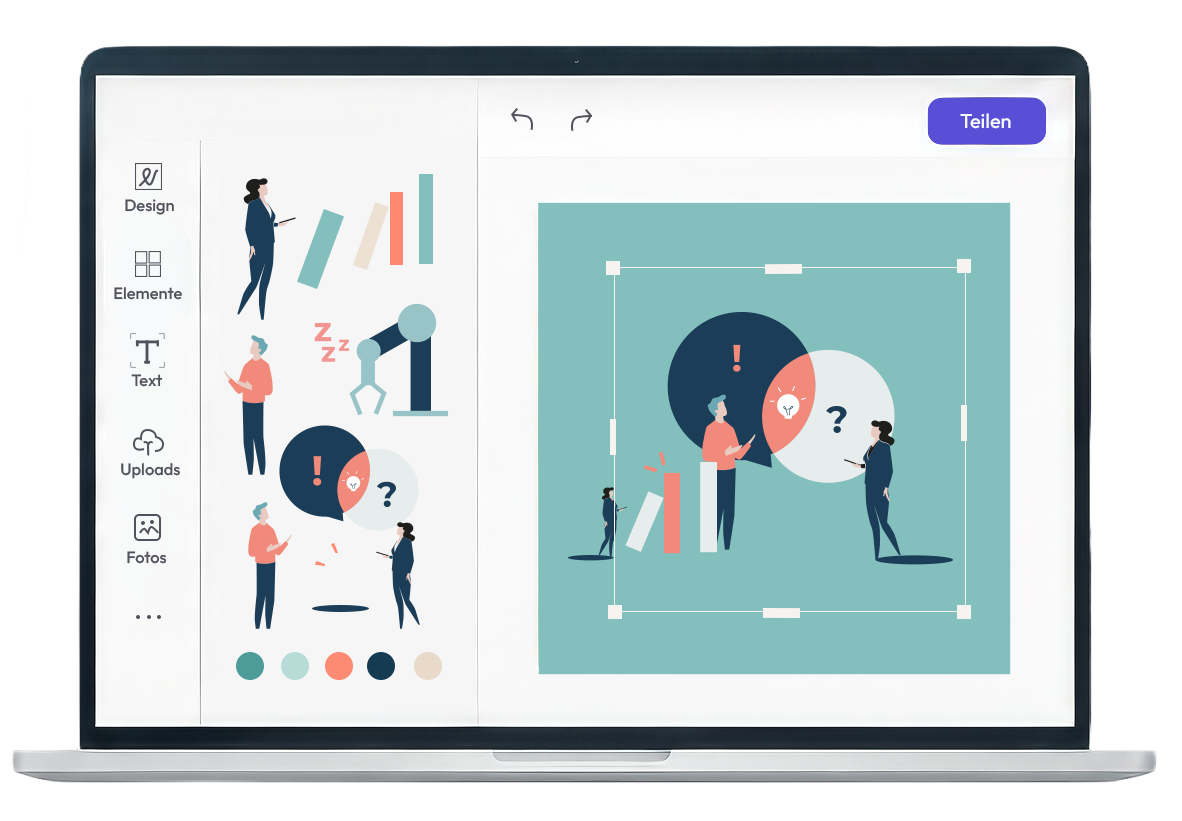 Laptop mit Canva: Elemente aus der Bibliothek werden per Drag-and-drop zu einer Grafik zusammengesetzt