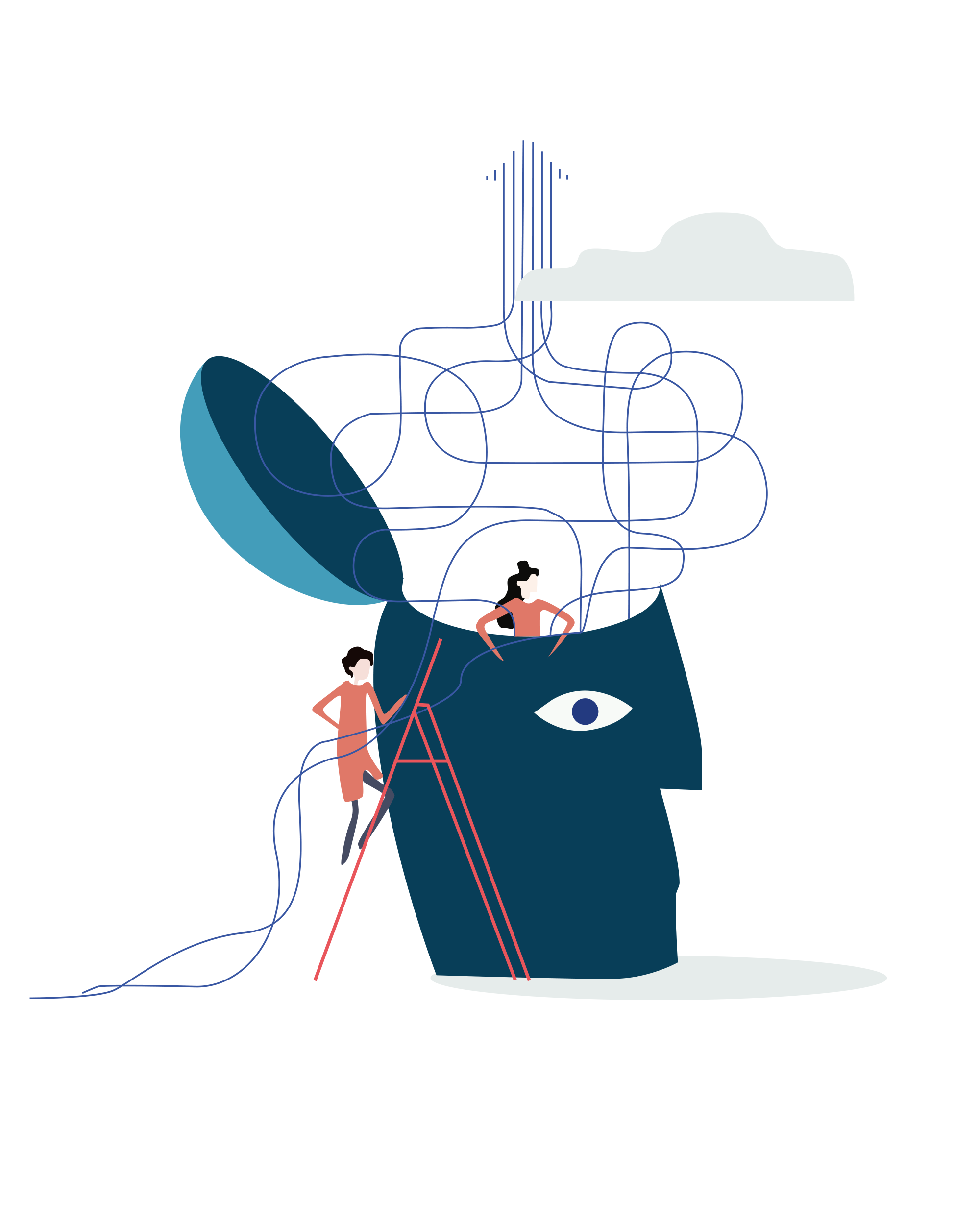 Illustration: Kopf mit verschlungenen Gedankenlinien, eine Figur steigt eine Leiter hinauf – Bildwelt und Konzept
