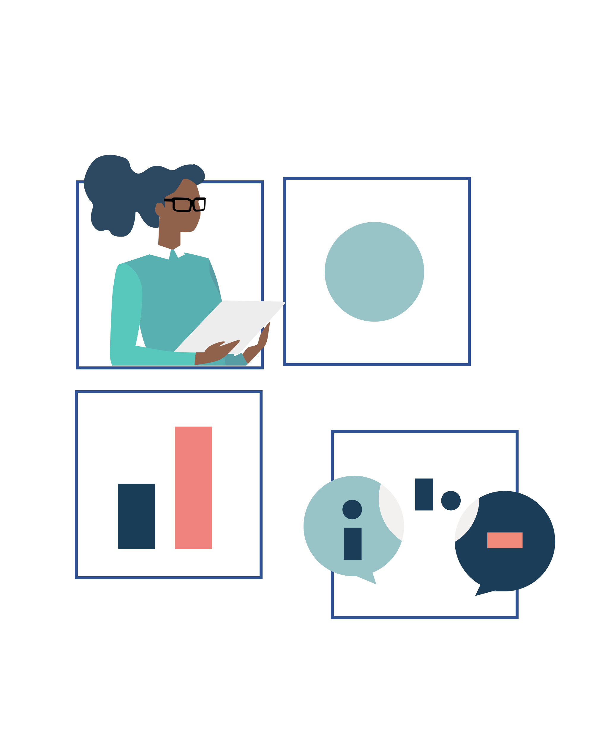Illustration: einzelne Bausteine einer Bildwelt – Figur, Kreis, Balkendiagramm und Sprechblasen