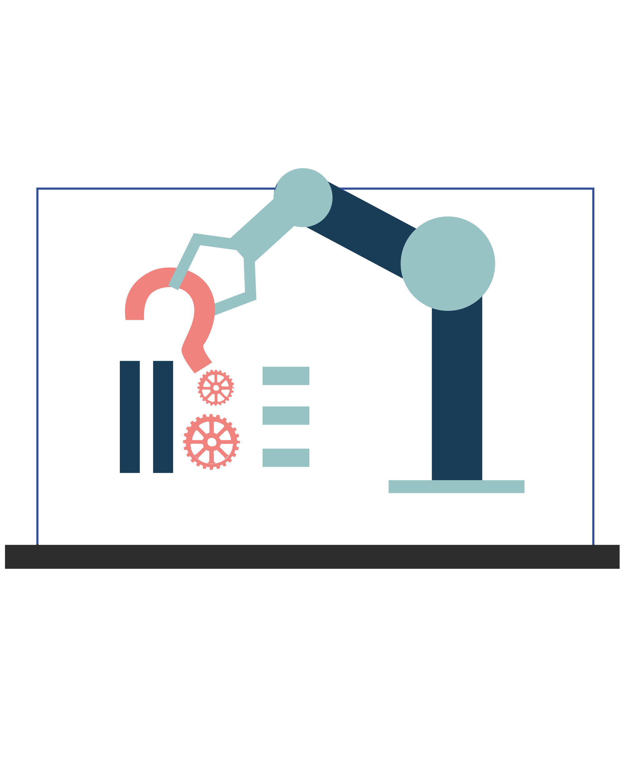 Illustration: Roboterarm setzt Bausteine auf einem Bildschirm zusammen – Kit, Nutzung und Betrieb