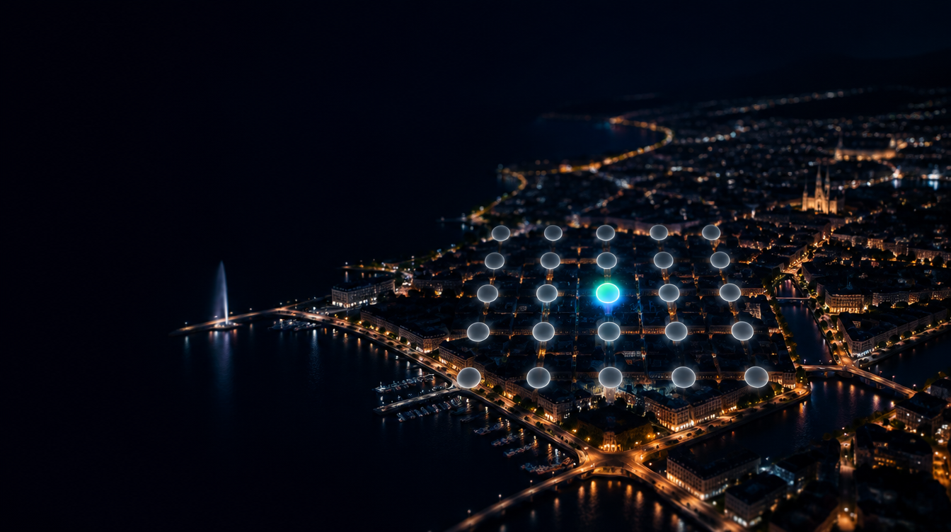 Vue aérienne de Genève de nuit, une grille de points lumineux dont un seul brille en vert au centre