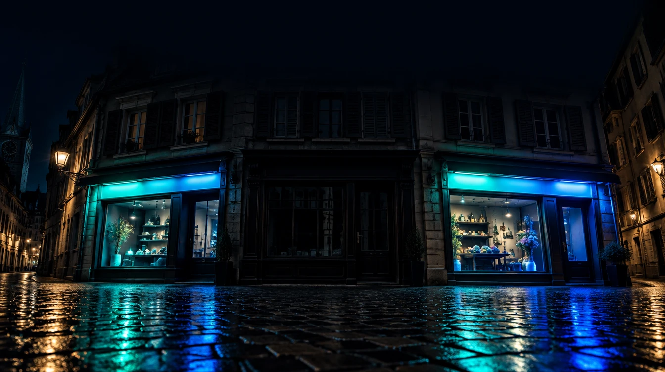 Rue pavée de nuit, deux vitrines éclairées en vert et bleu, celle du milieu éteinte