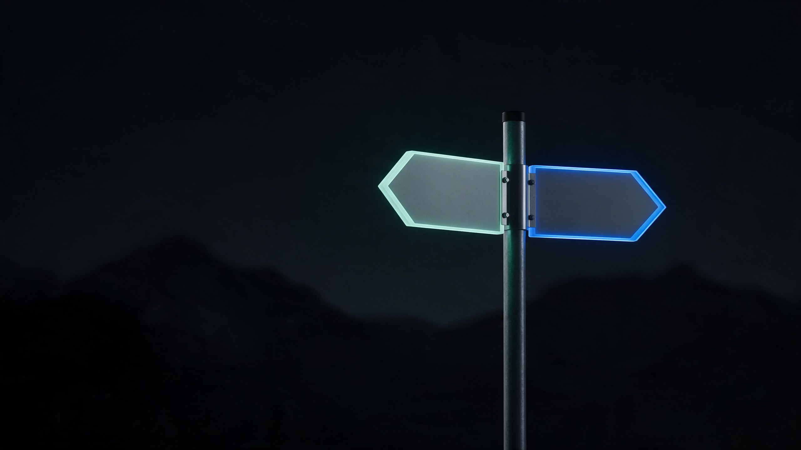 Panneau directionnel de nuit, deux flèches éclairées pointant vers des directions opposées