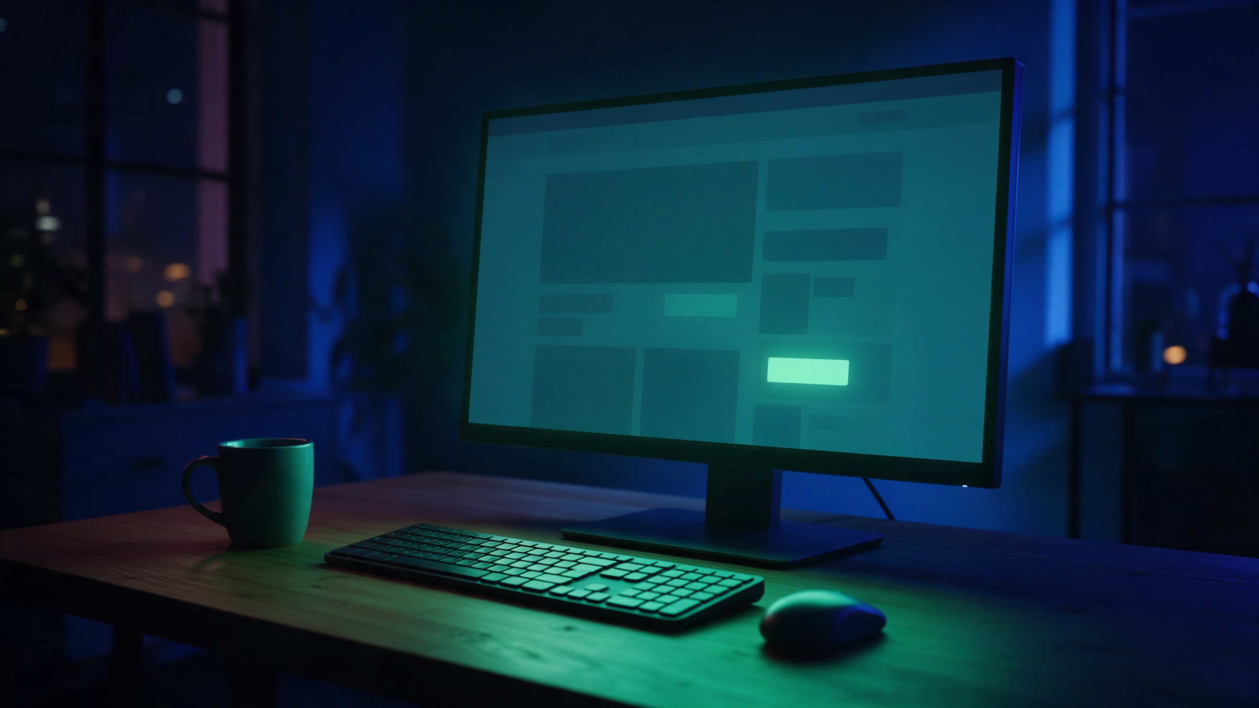 Écran d'ordinateur affichant une page épurée avec un seul bouton lumineux, sur un bureau de nuit