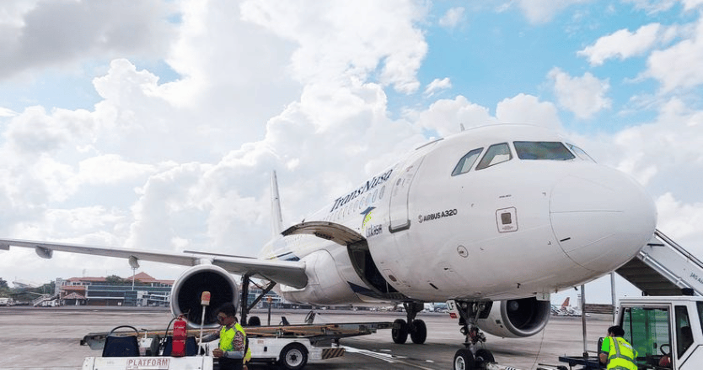 TransNusa promotional banner for new Airbus A320 flights from Bali to Lombok starting at Rp635,000