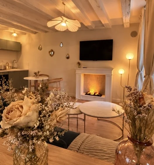 Salon cosy de la suite Lyra avec cheminée allumée