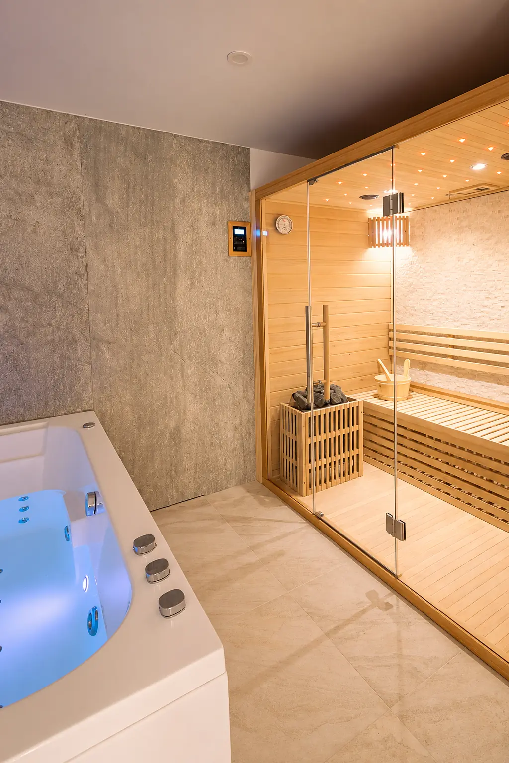 Espace bien-être privatif de la suite Séléné avec sauna et balnéo double