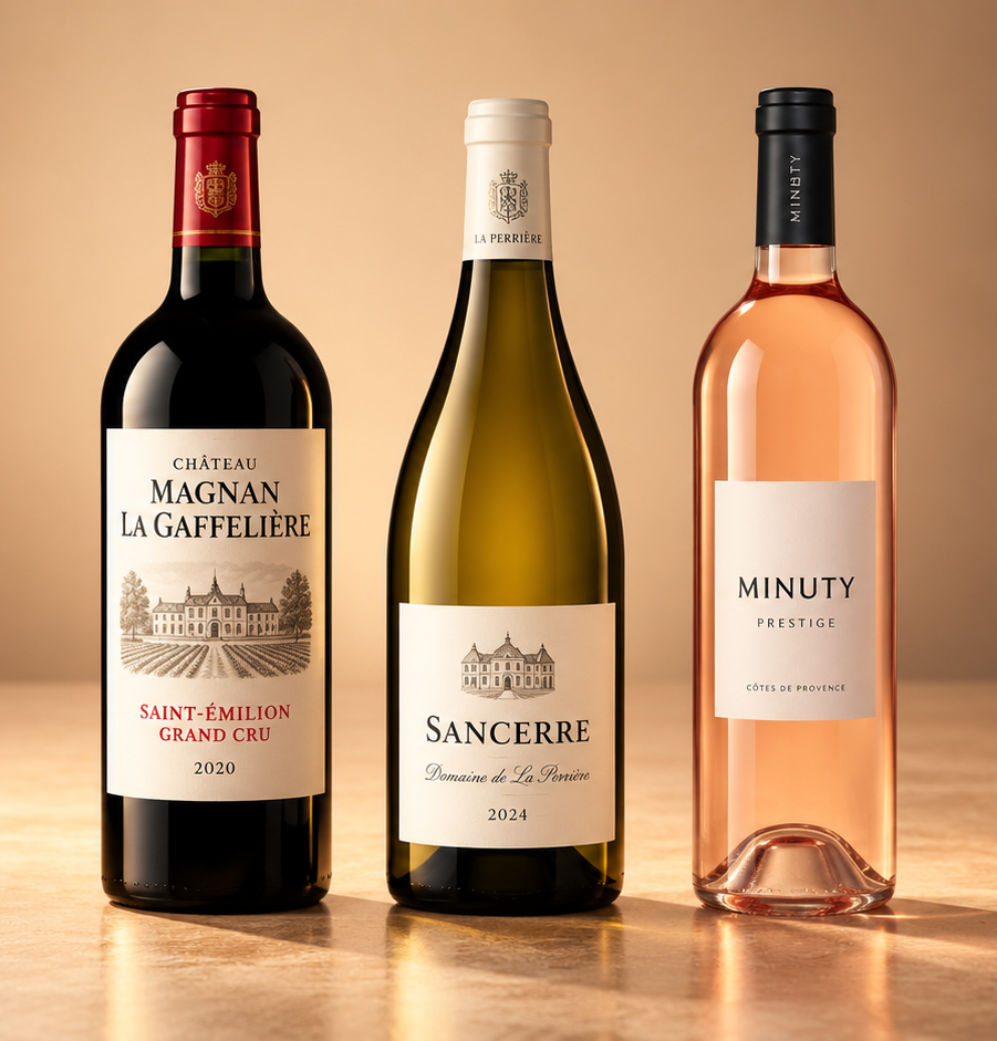 Sélection de vins des Éclats d’Amour : Saint-Émilion Grand Cru, Sancerre et Minuty Prestige