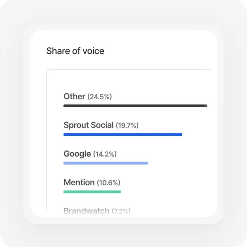 Bar chart showing share of voice percentages: Other 24.5%, Sprout Social 19.7%, Google 14.2%, Mention 10.6%.