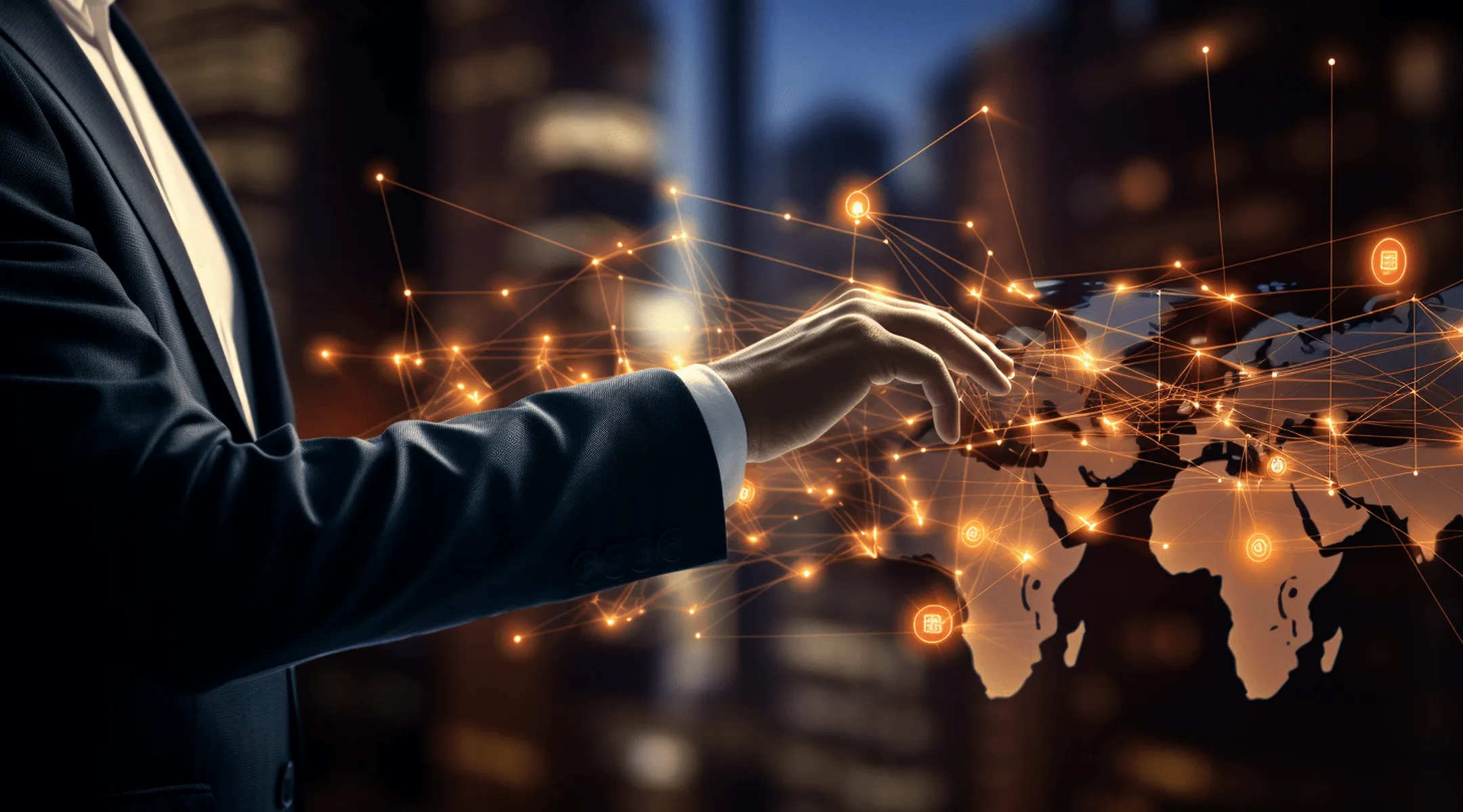 Ruka u odelu dodiruje digitalni interaktivni svet mapu sa svetlećim mrežnim vezama.
