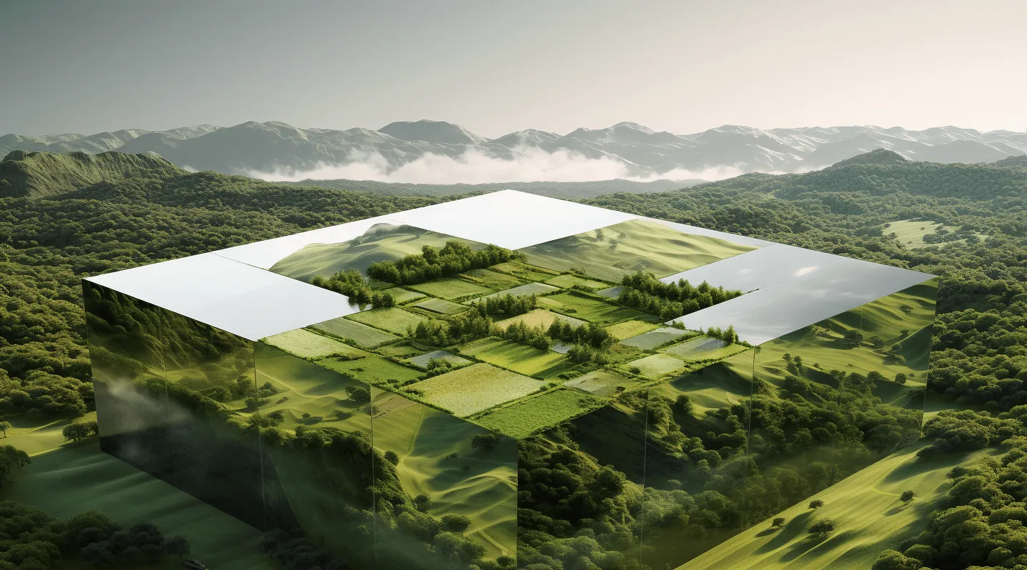 Ogroman reflektujući kockasti blok u sredini šumovitog planinskog pejzaža sa poljima na njegovoj ravnoj površini.