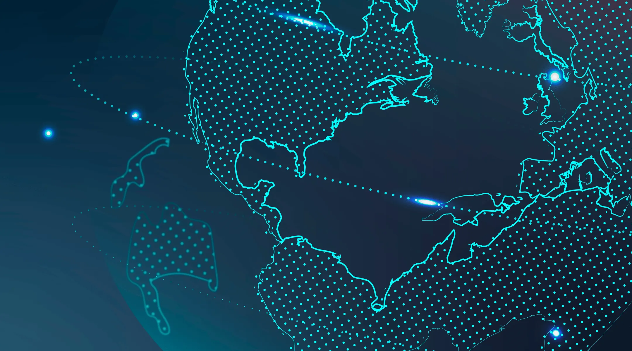Digitalna mapa sveta sa svetlećim tačkama i tačkicama koje povezuju različite lokacije.