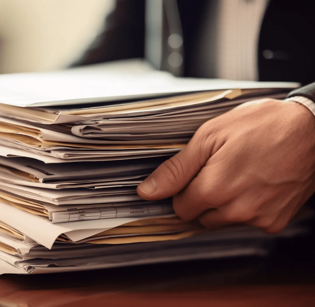 Рука човека који држи дебели сноп докумената и папира на дрвеном столу.