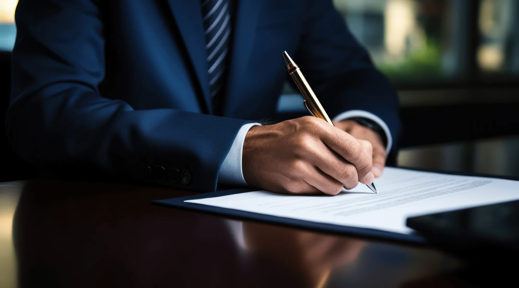 Osoba u odelu piše zlatnom olovkom na dokumentu položenom na tamnom stolu.