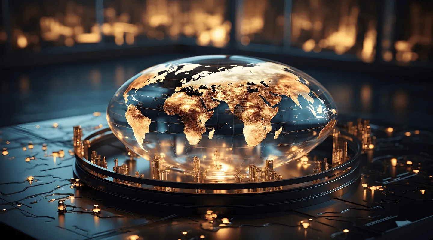 Футуристички глобус са златним континентима у стакленој куполи и осветљеним минијатурним градовима око њега.