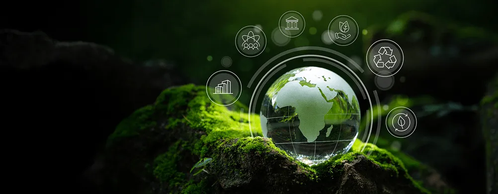 Providno stakleno globus prikazuje Afriku postavljen na mahoviti kamen sa ekološkim ikonama u krugu.