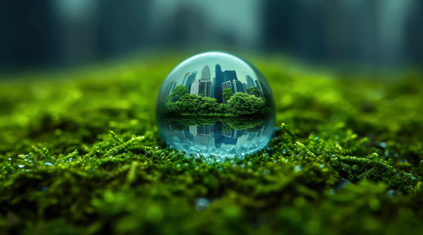 Kristalna kugla na mahovini koja reflektuje zelene drveće i modernu gradski pejzaž sa zgradama.