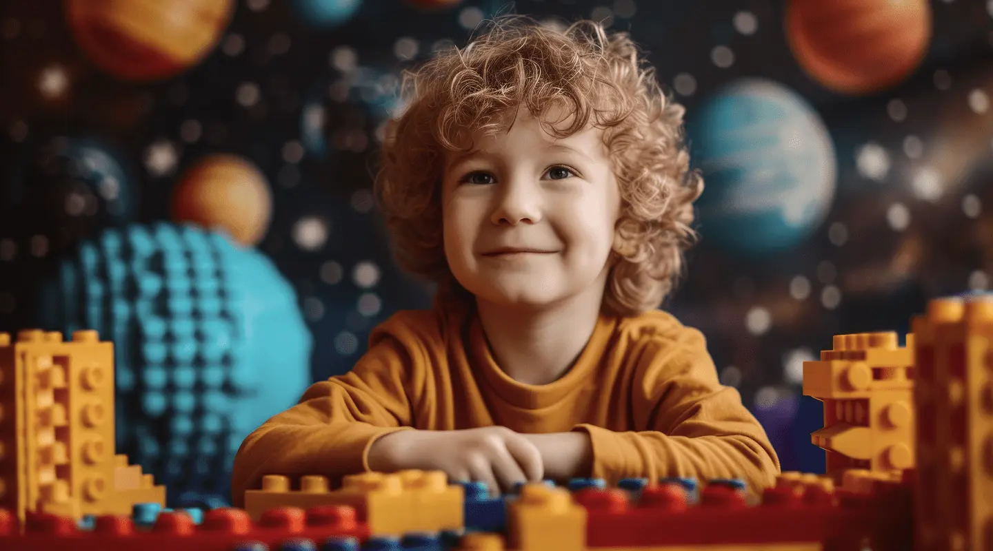 Dečak sa kovrdžavom kosom sedi za stolom sa narančastim, crvenim i plavim kockama za igru, sa pozadinom planete iz svemira.