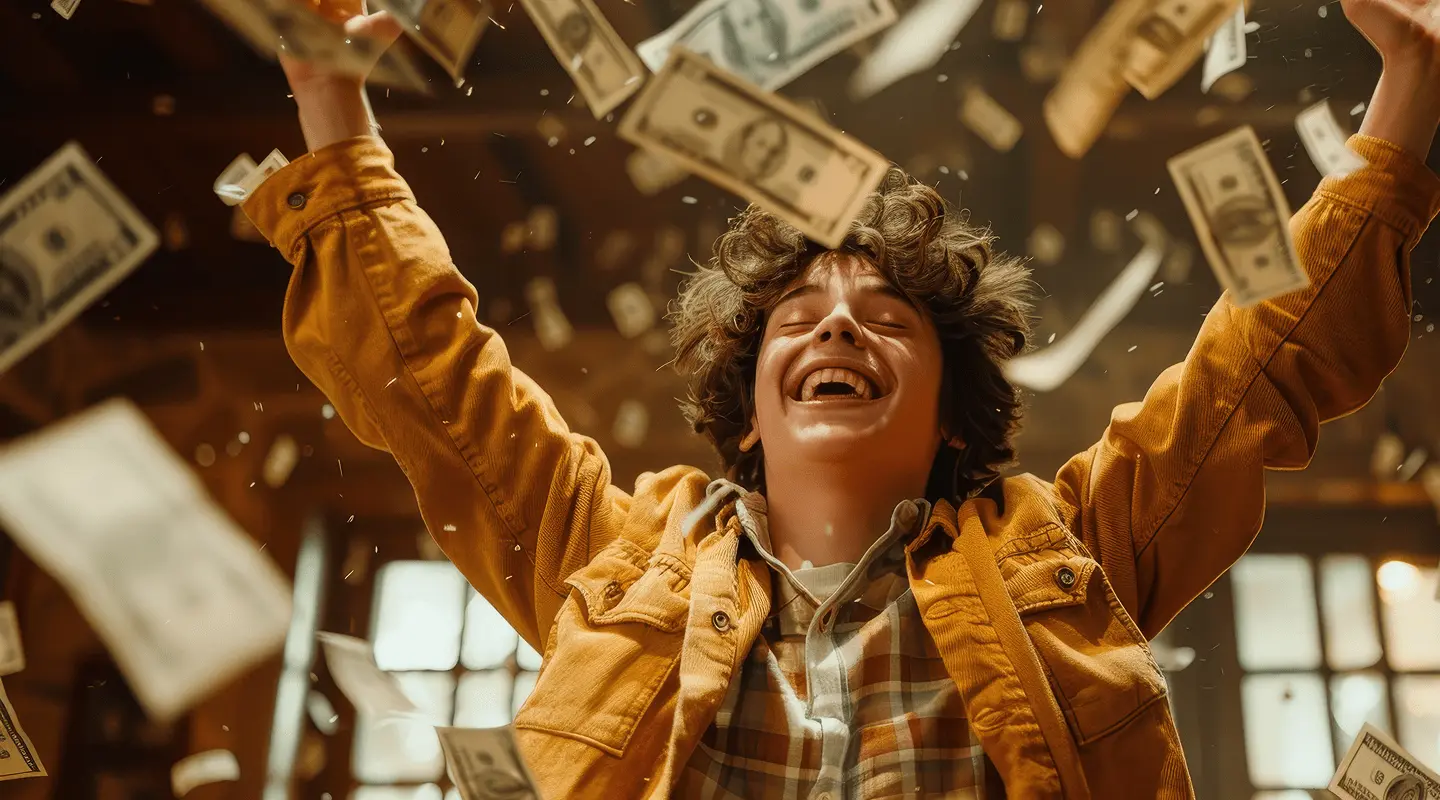 Osoba sa kovrdžavom kosom u žutoj jakni raduje se dok novčanice lete oko nje u zatvorenom prostoru.