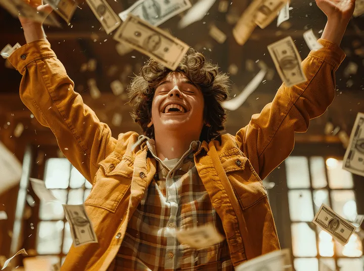 Osoba sa raširenim rukama i smehom okružena novčanicama koje padaju.