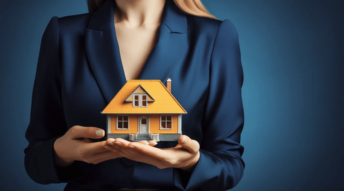 Žena u plavom saku drži malu model kuće sa narandžastim krovom u dlanovima.