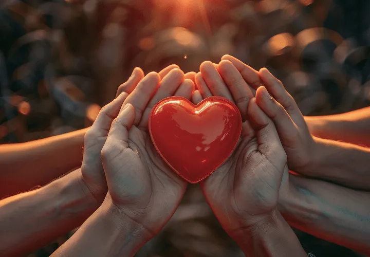 Ruke koje zajedno drže crveno srce pod svetlom zalaska sunca.