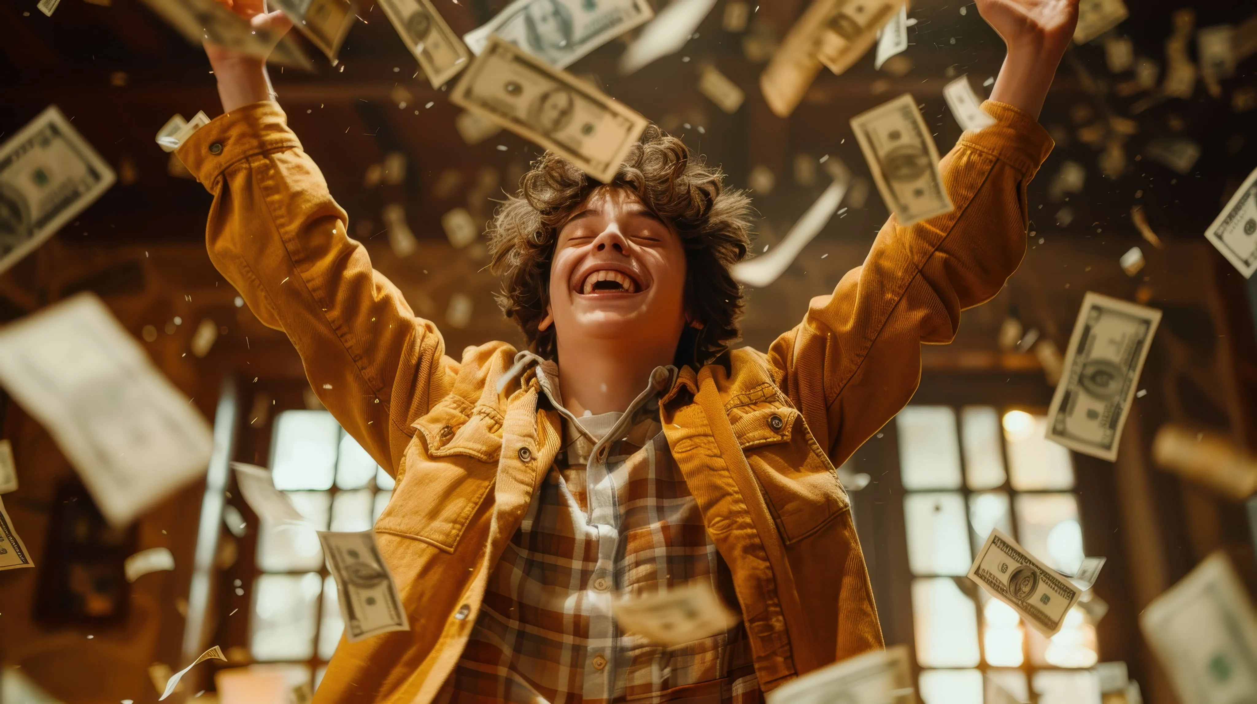 Srećan mladić sa raširenim rukama dok novčanice lete oko njega u zatvorenom prostoru.