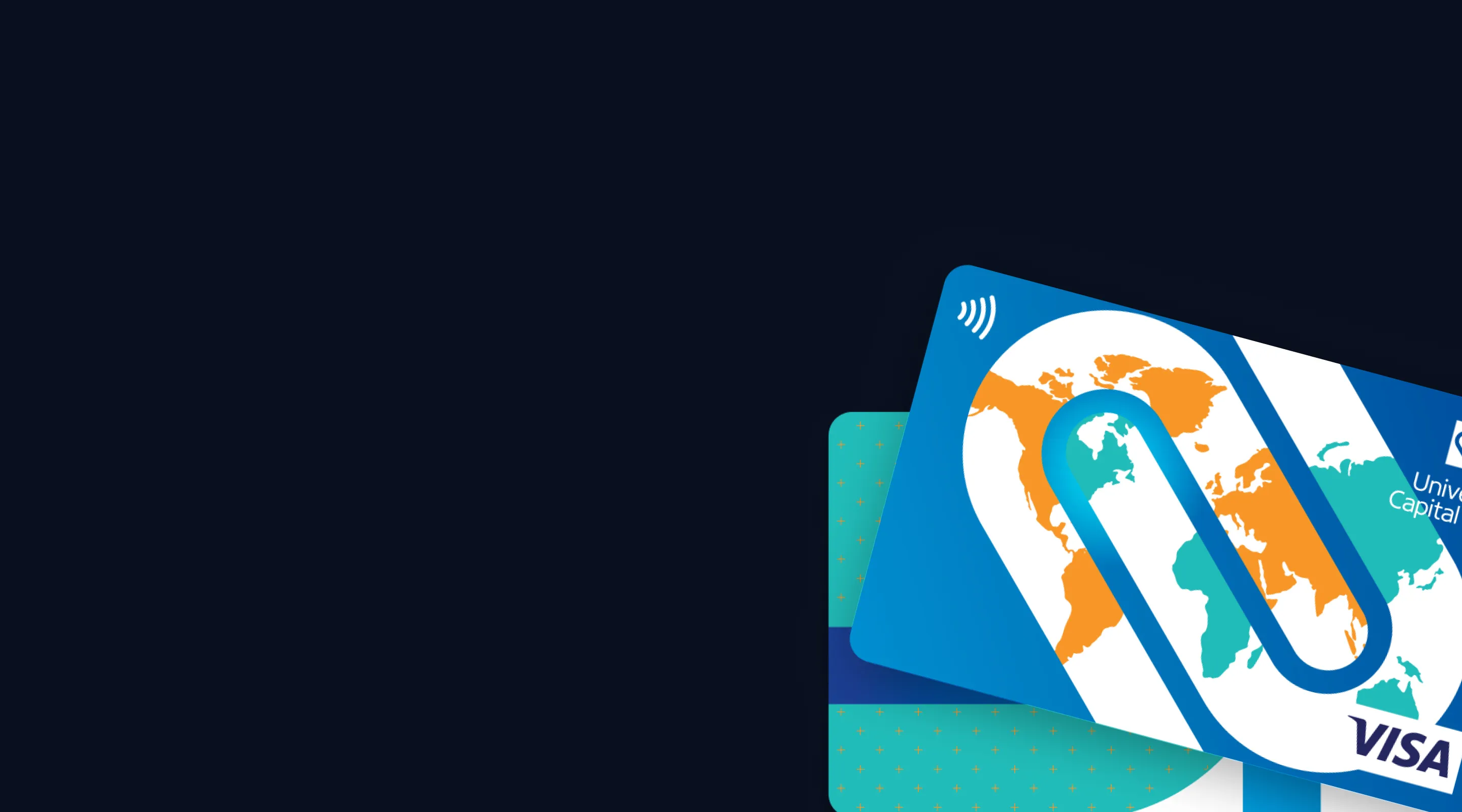 Plava Visa platna kartica sa mapom sveta u narandžastim i plavim tonovima na tamnoj pozadini.