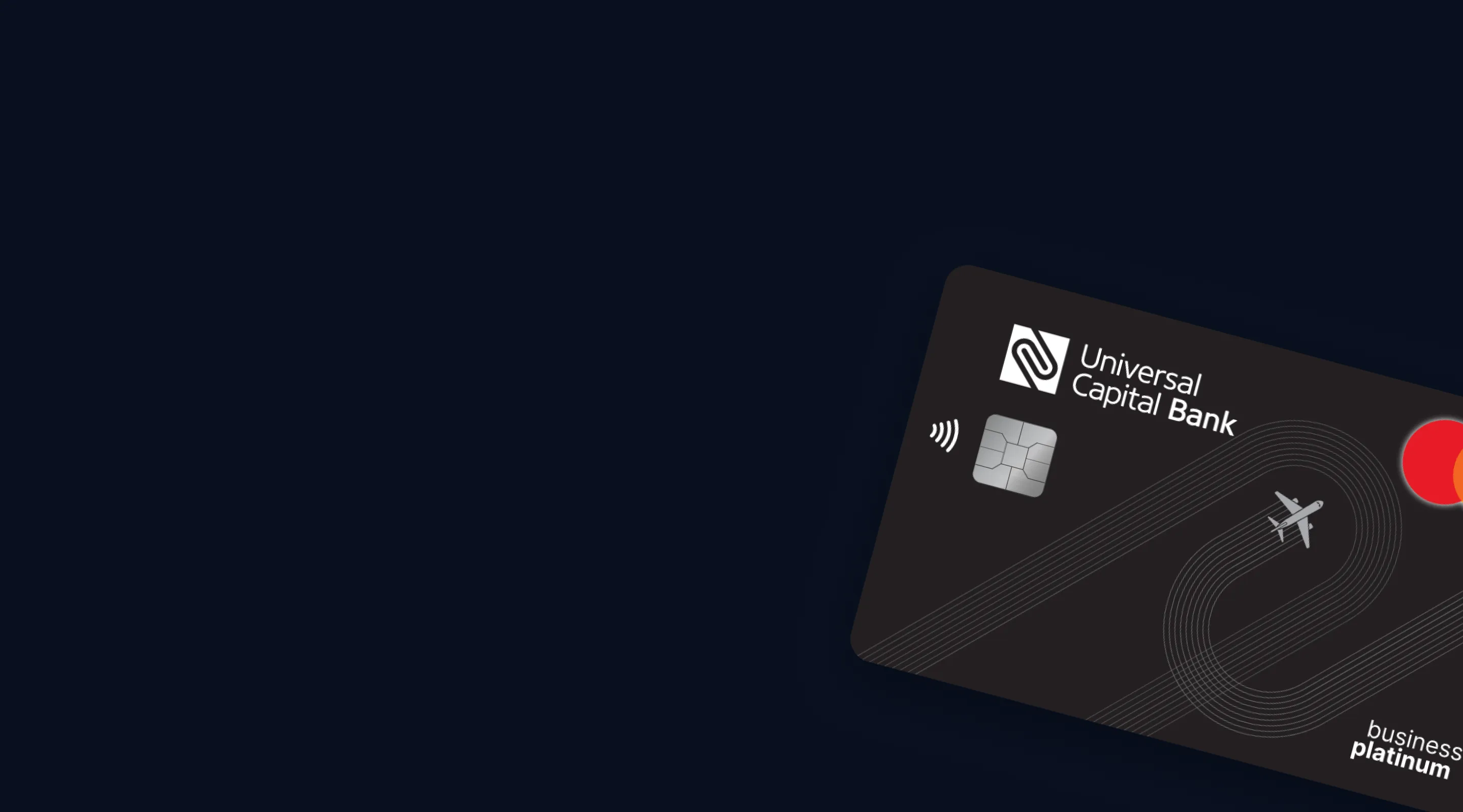 Crna platna kartica Universal Capital Bank sa MasterCard logoom, čipom i ilustracijom aviona.