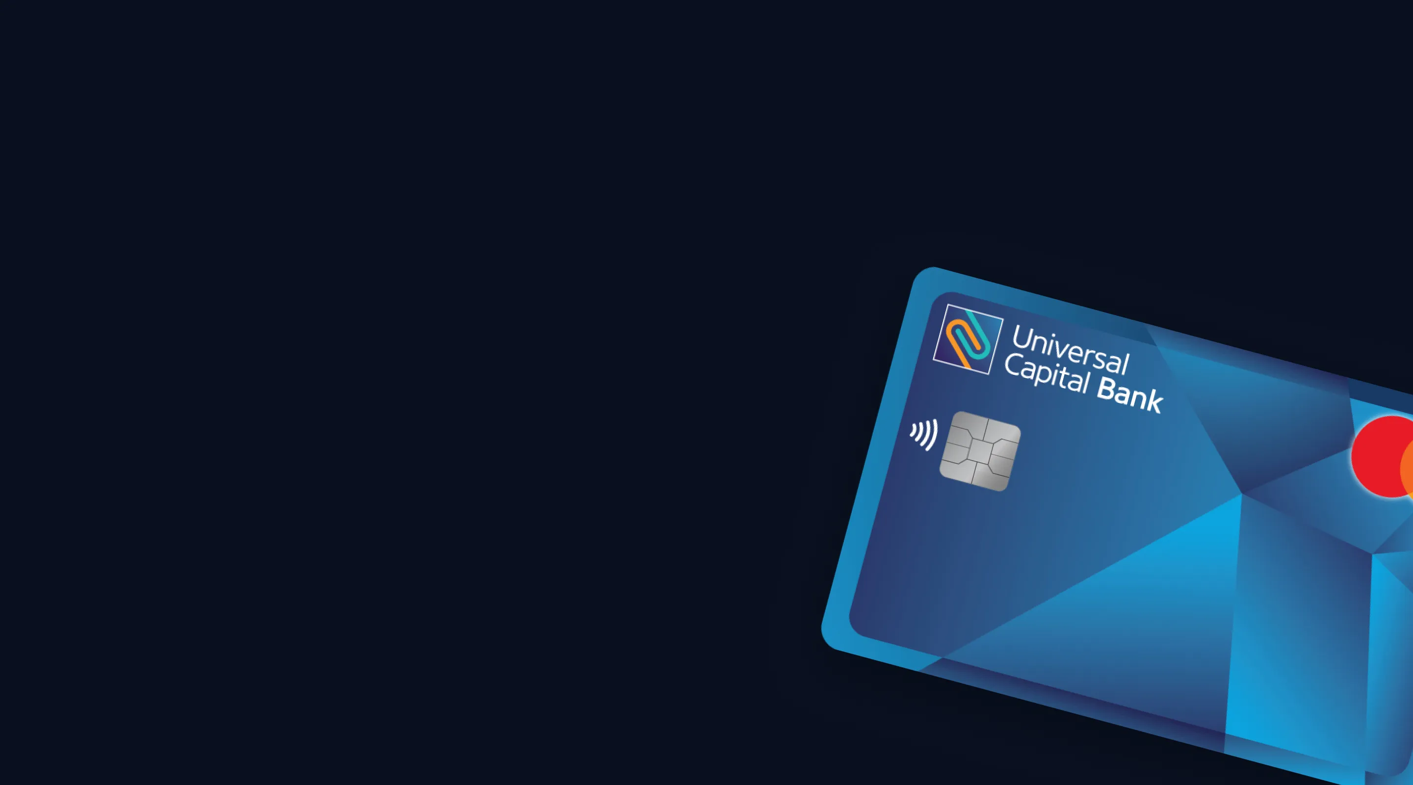 Plava platna kartica Universal Capital Bank sa čipom i Mastercard logotipom na tamnoj pozadini.