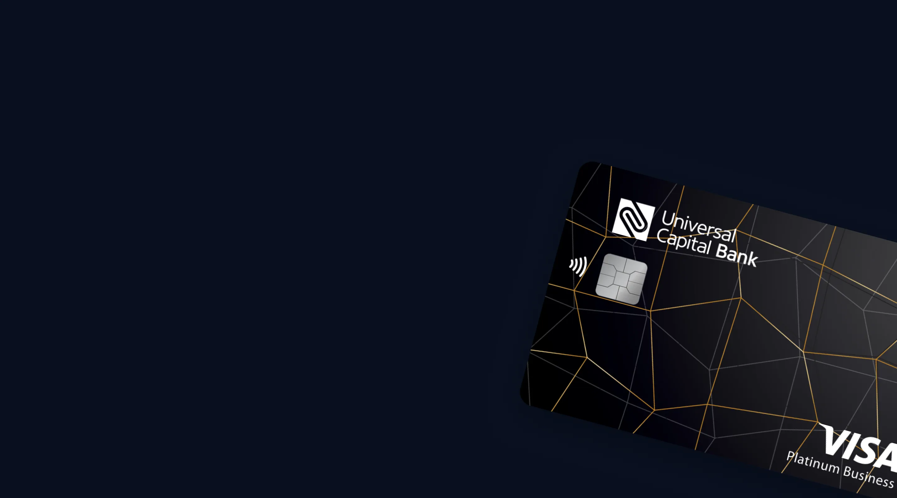 Crna Visa Platinum Business kartica sa zlatnim i srebrnim geometrijskim linijama i logoom Universal Capital Bank.