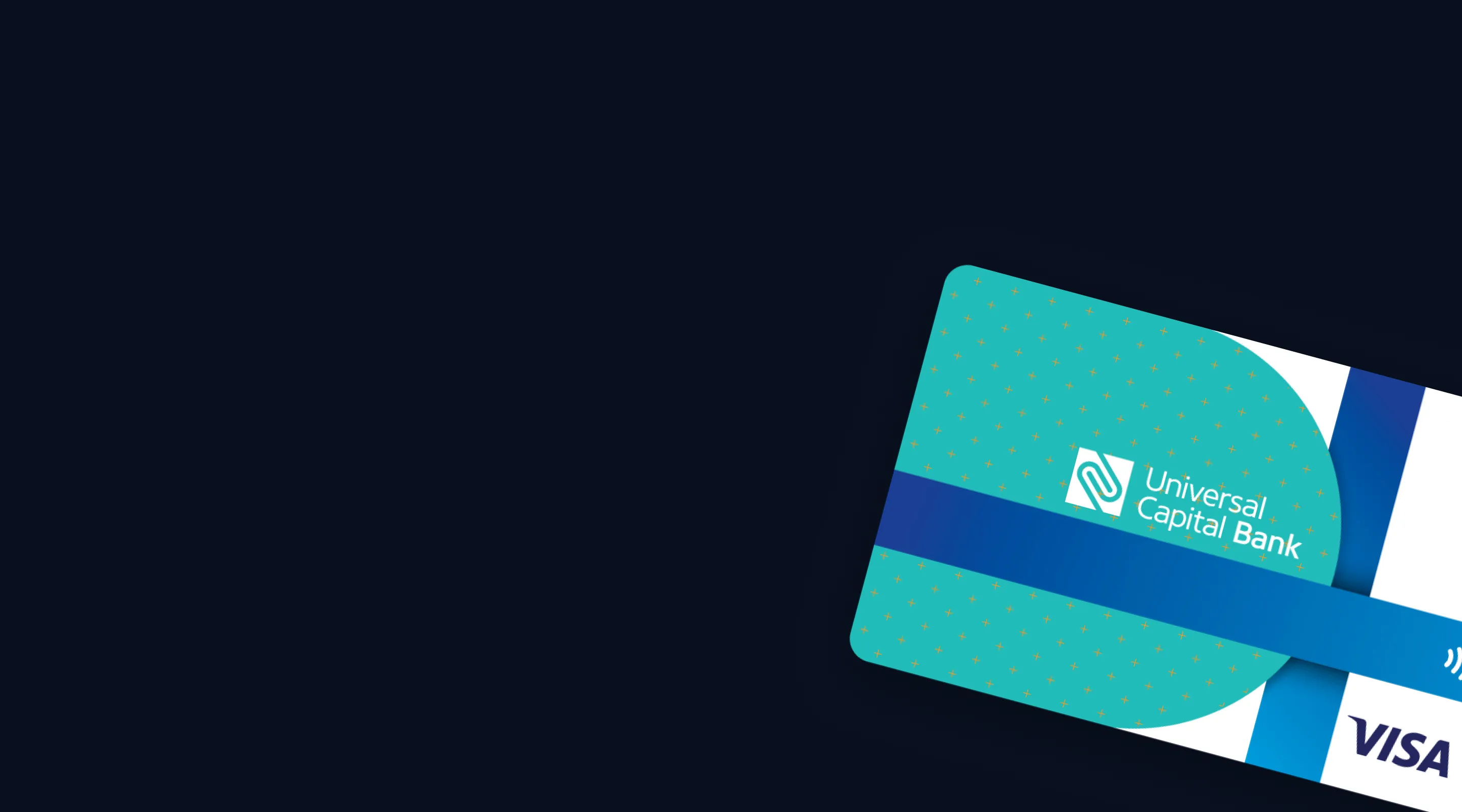 Plava i tirkizna platna kartica Universal Capital Bank sa VISA logoom i simbolom za beskontaktno plaćanje na tamnoj pozadini.