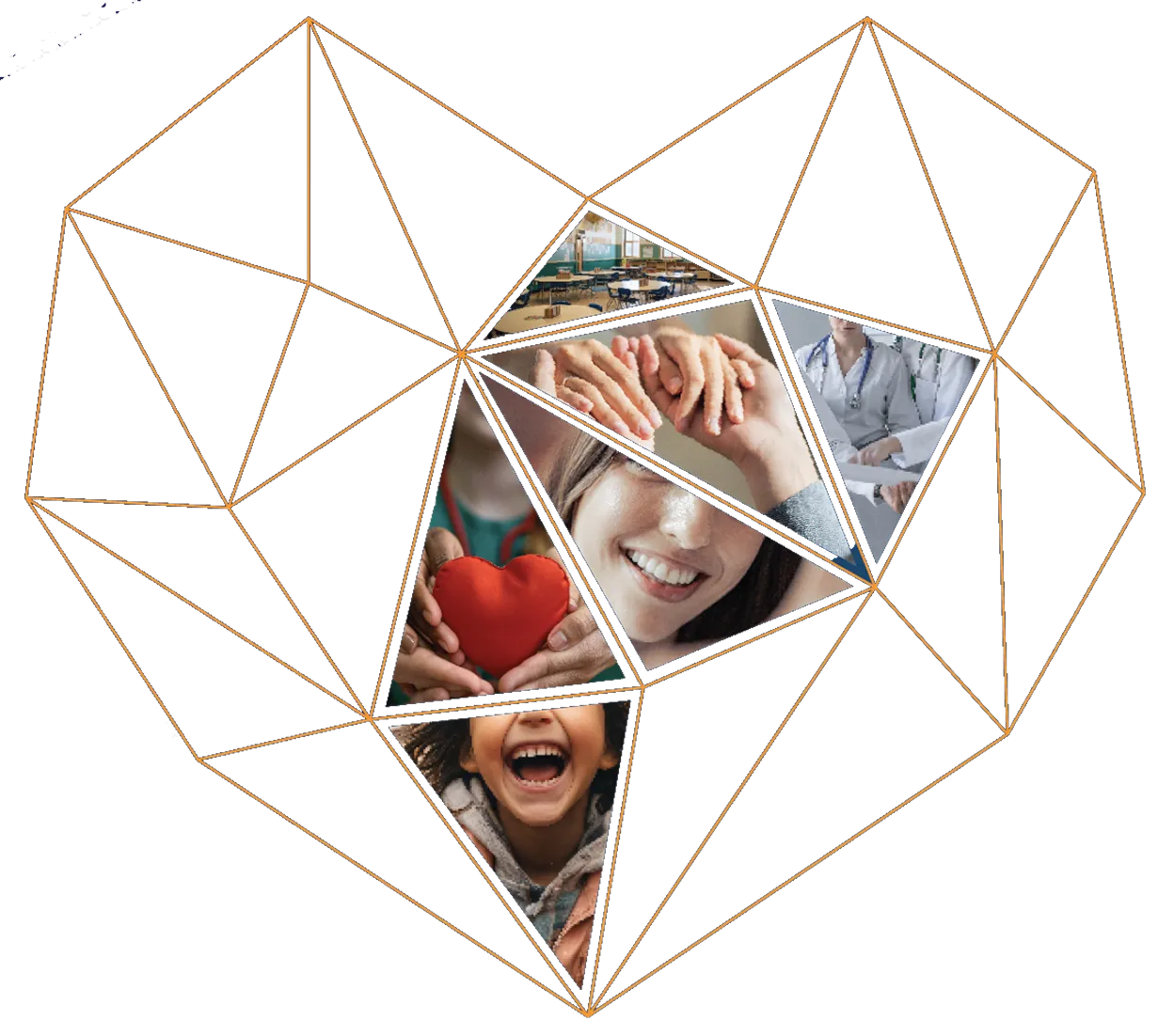 Geometrijsko srce sastavljeno od slika učionice, rukama koje se drže, medicinskih radnika, žene koja se smeši, osobe koja drži crveno srce i nasmejanog deteta.