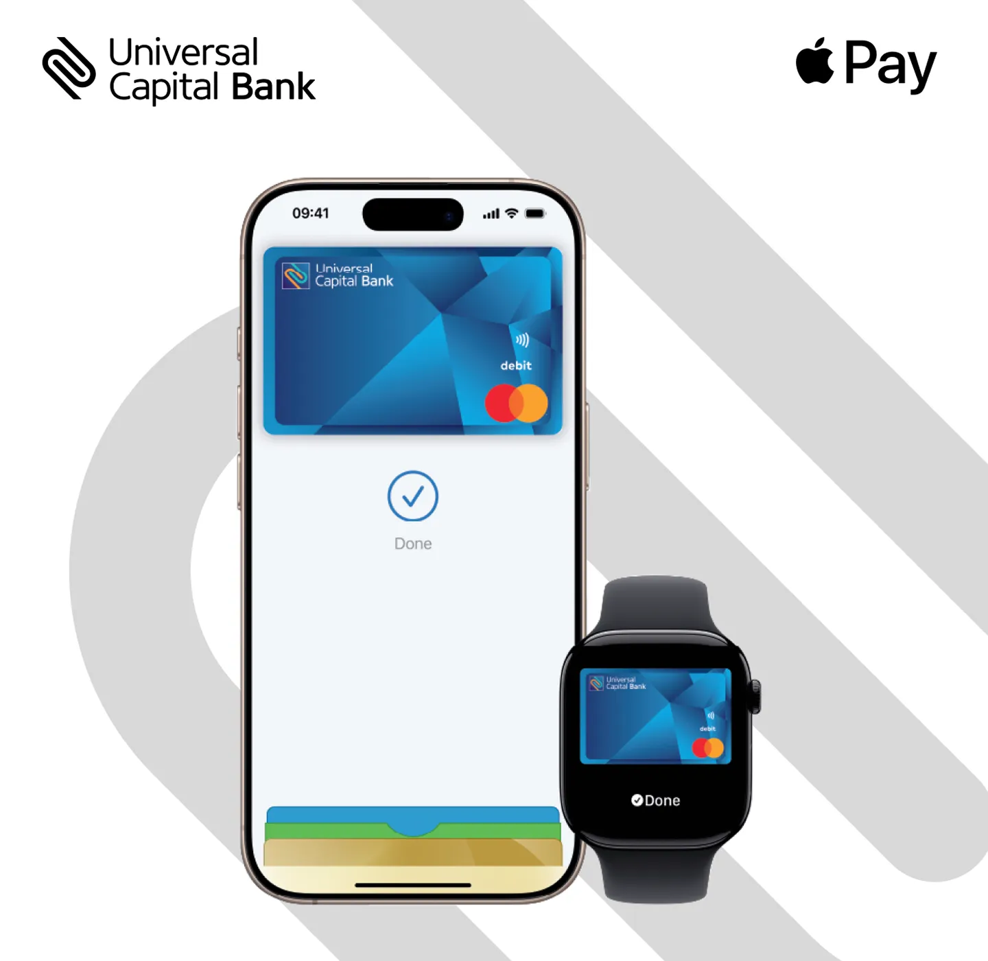 Pametna telefonska i sat sa digitalnom karticom Universal Capital Bank spremnom za Apple Pay plaćanje.