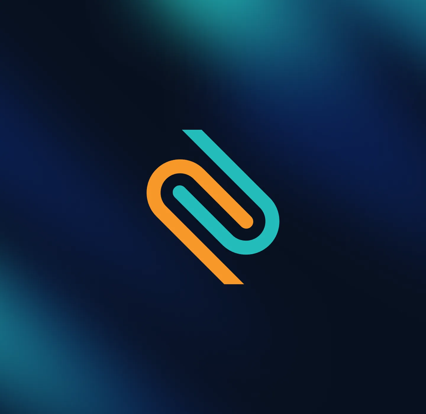 Apstraktni logo sa preklapajućim linijama u narandžastoj i plavozelenoj boji na tamnoj pozadini.