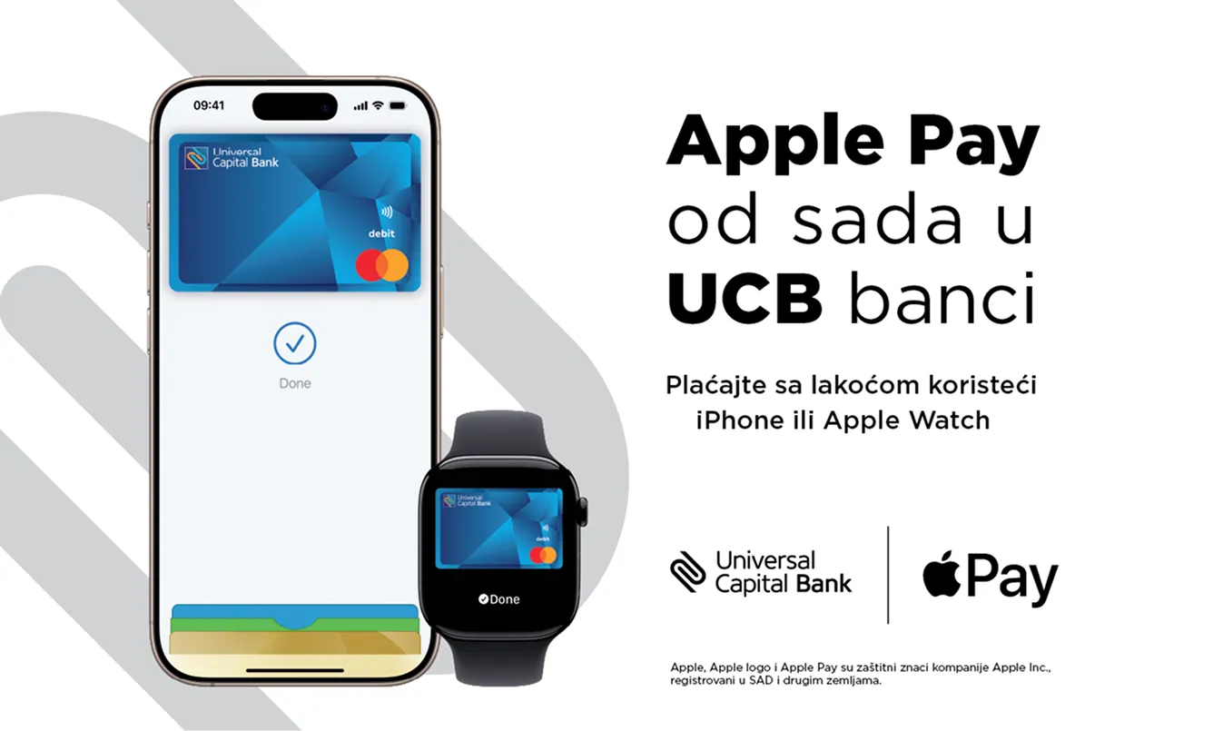 Prikaz Apple Pay plaćanja uz Universal Capital Bank karticu na iPhone-u i Apple Watch-u sa potvrdom uspešne transakcije.