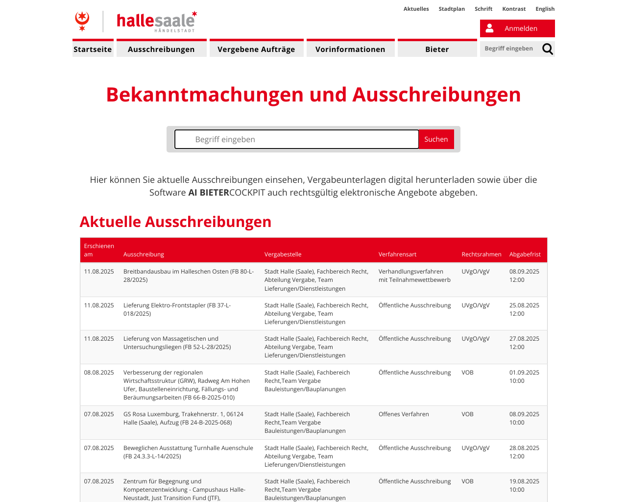 website ausschreibung screenshot