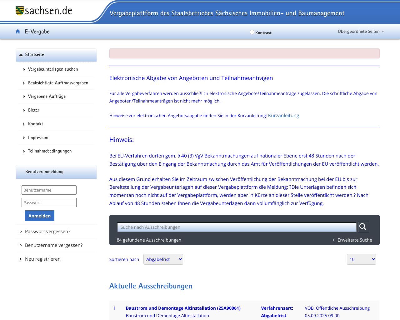 website sachsen-vergabe screenshot