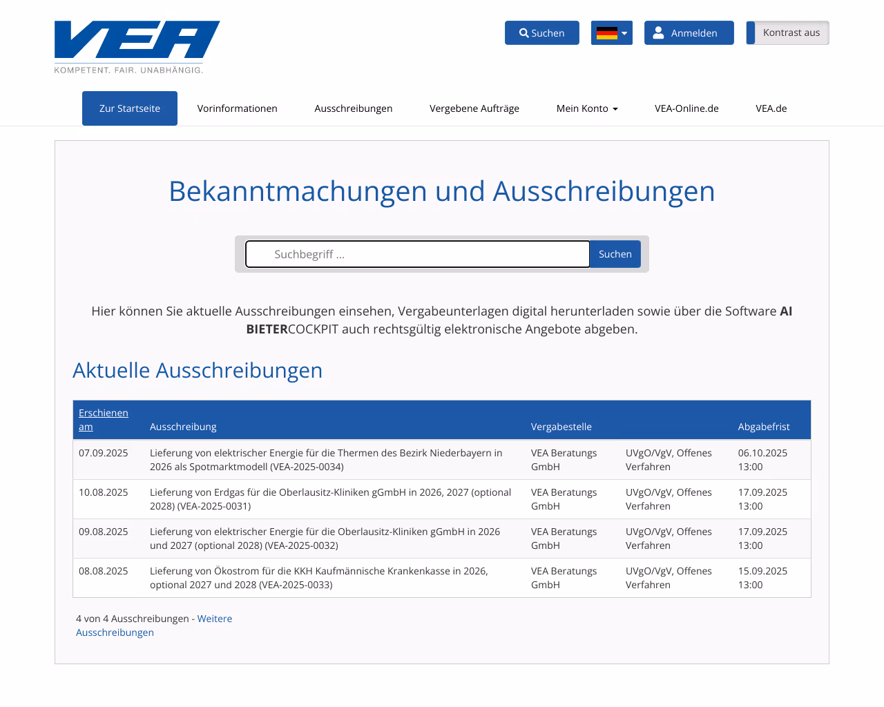 website vea-ausschreibungen screenshot