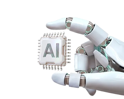 A white robotic hand with silver joints is holding a small microchip labeled 'AI' between its thumb and forefinger against a black background.