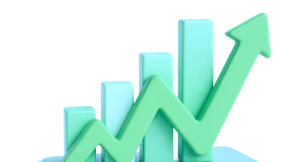 A 3D bar chart with four ascending vertical bars in blue tones and a green zigzag arrow rising upward, indicating growth or increase.