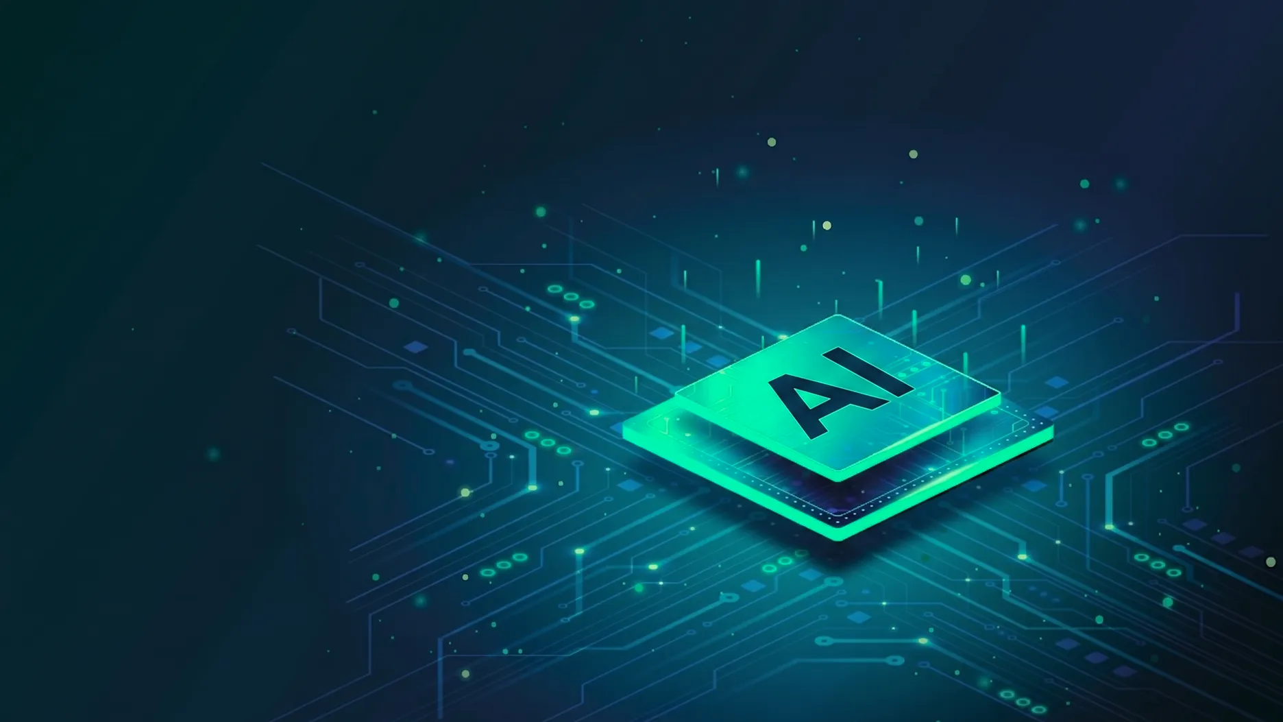 Glowing green circuit board with a translucent green chip labeled 'AI' at the center, surrounded by light blue and green digital lines and dots on a dark background.